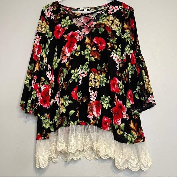 Umgee Women's Caged Floral Bell Sleeve Pullover Tunic Top Lace Y2K Boho Festival - Picture 4 of 14